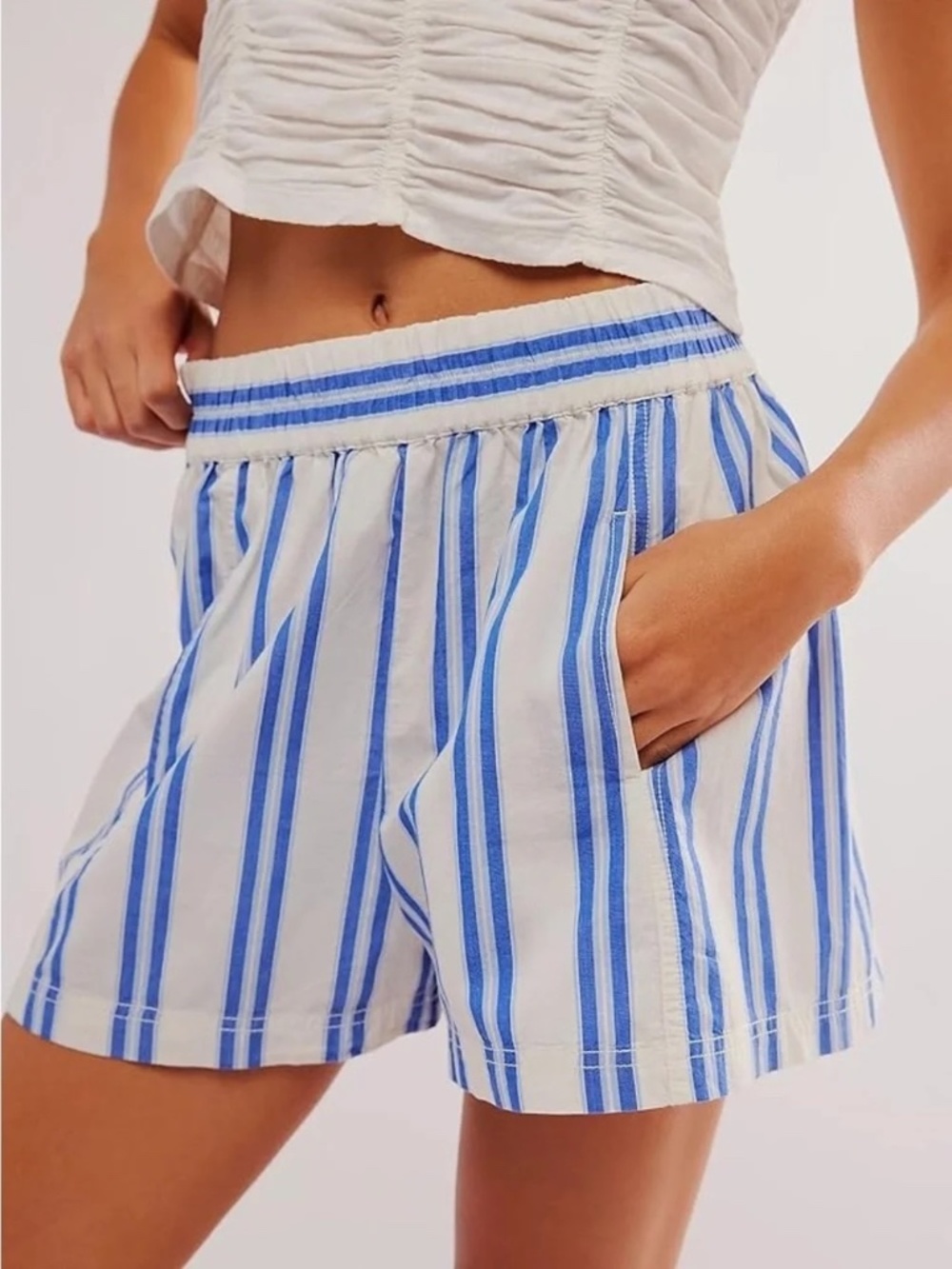Free People Get Free Striped Pull On Shorts White Blue Striped Small
